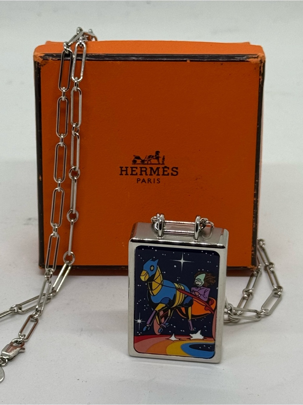 Hermès Paris Enamel Horse Pendant Necklace Silver Tone Sliding Locket Box Rare